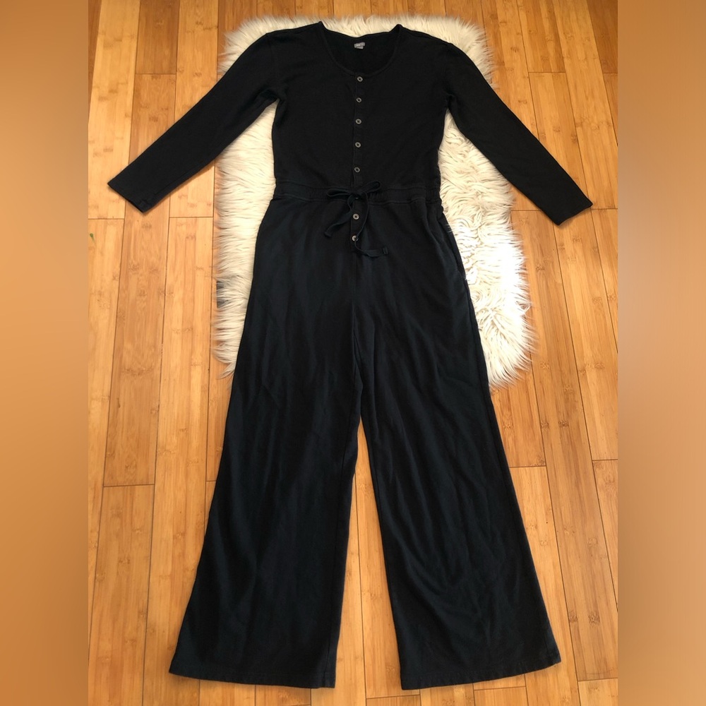 Aerie Black Wide Leg Long Sleeves Drawstring Cotton Half Button Jumpsuit size S